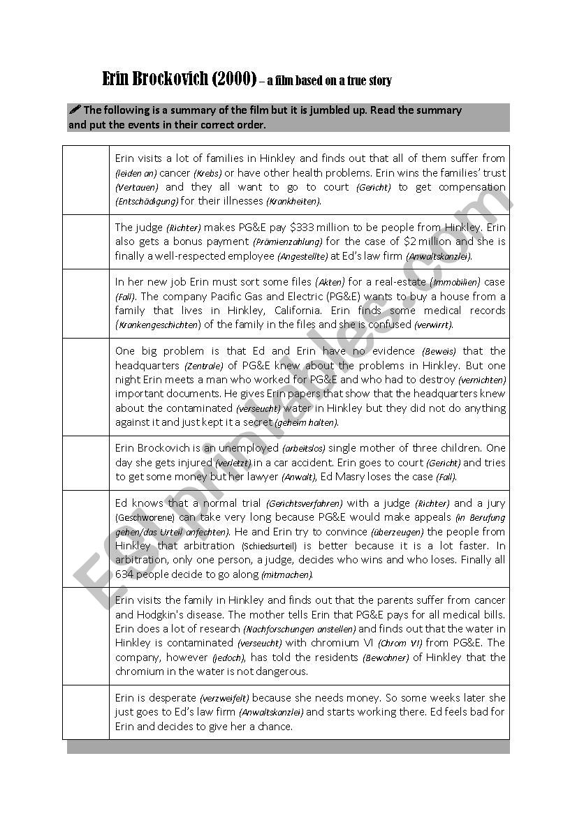 Erin brockovich -  movie worksheet PART 1/2