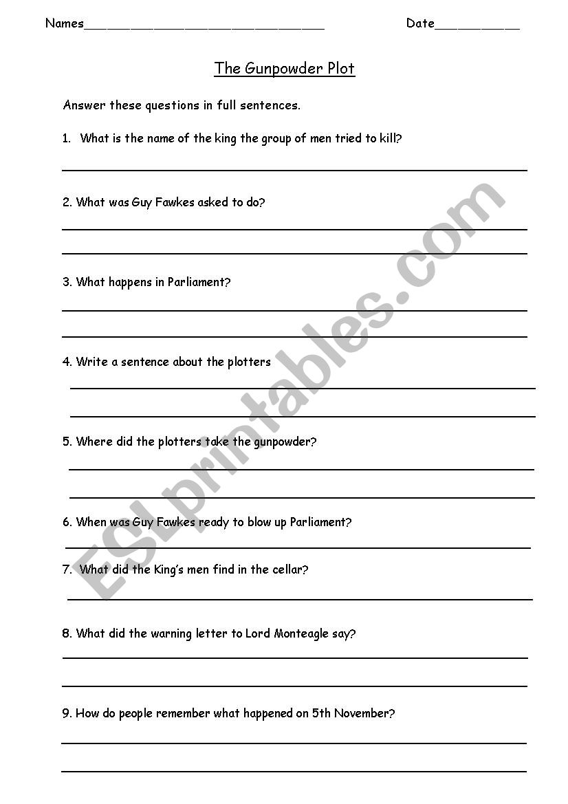 guy fawkes questions worksheet