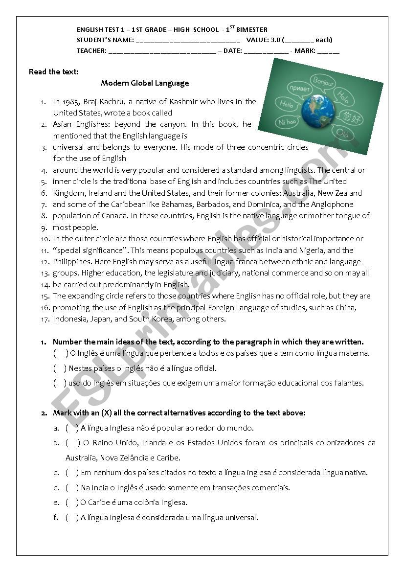 GLOBAL LANGUAGE worksheet