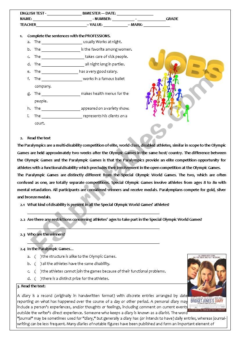 TEST ON JOBS, READING COMPREHENSION AND BOOK STRUCTURE