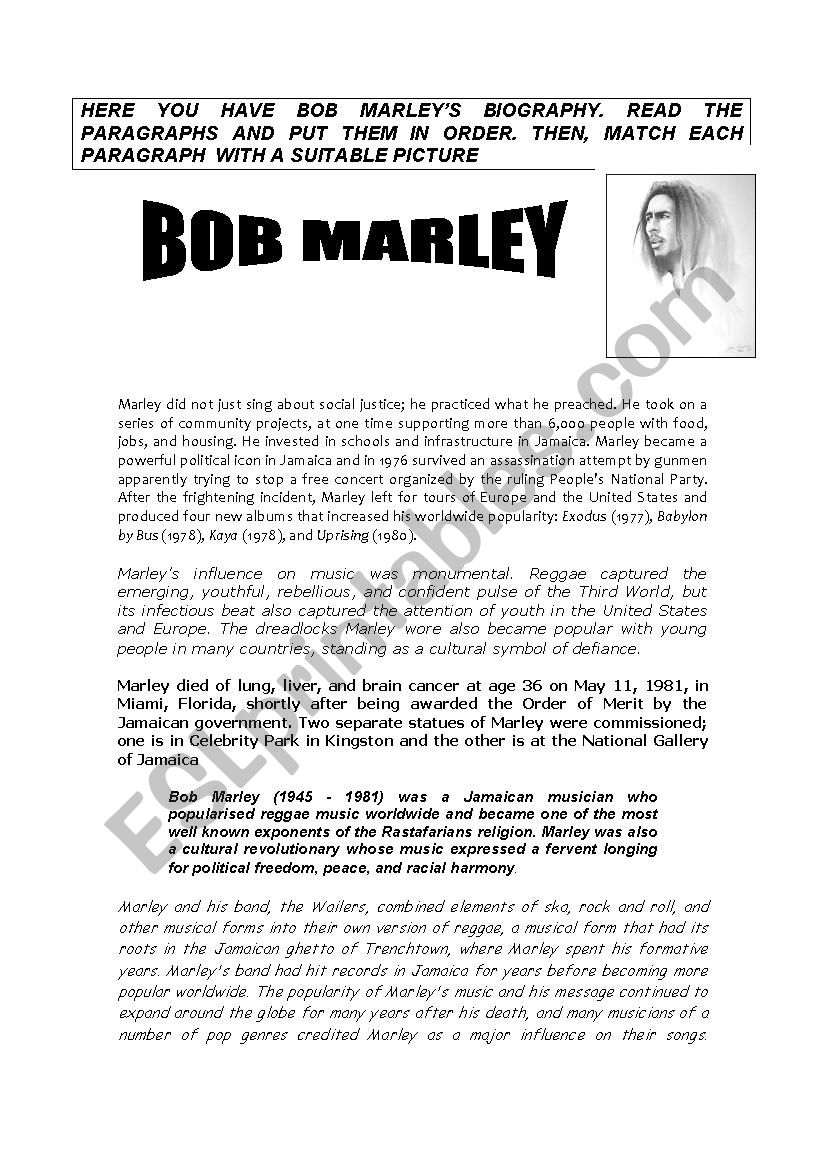 BOB MARLEYS BIOGRAPHY worksheet