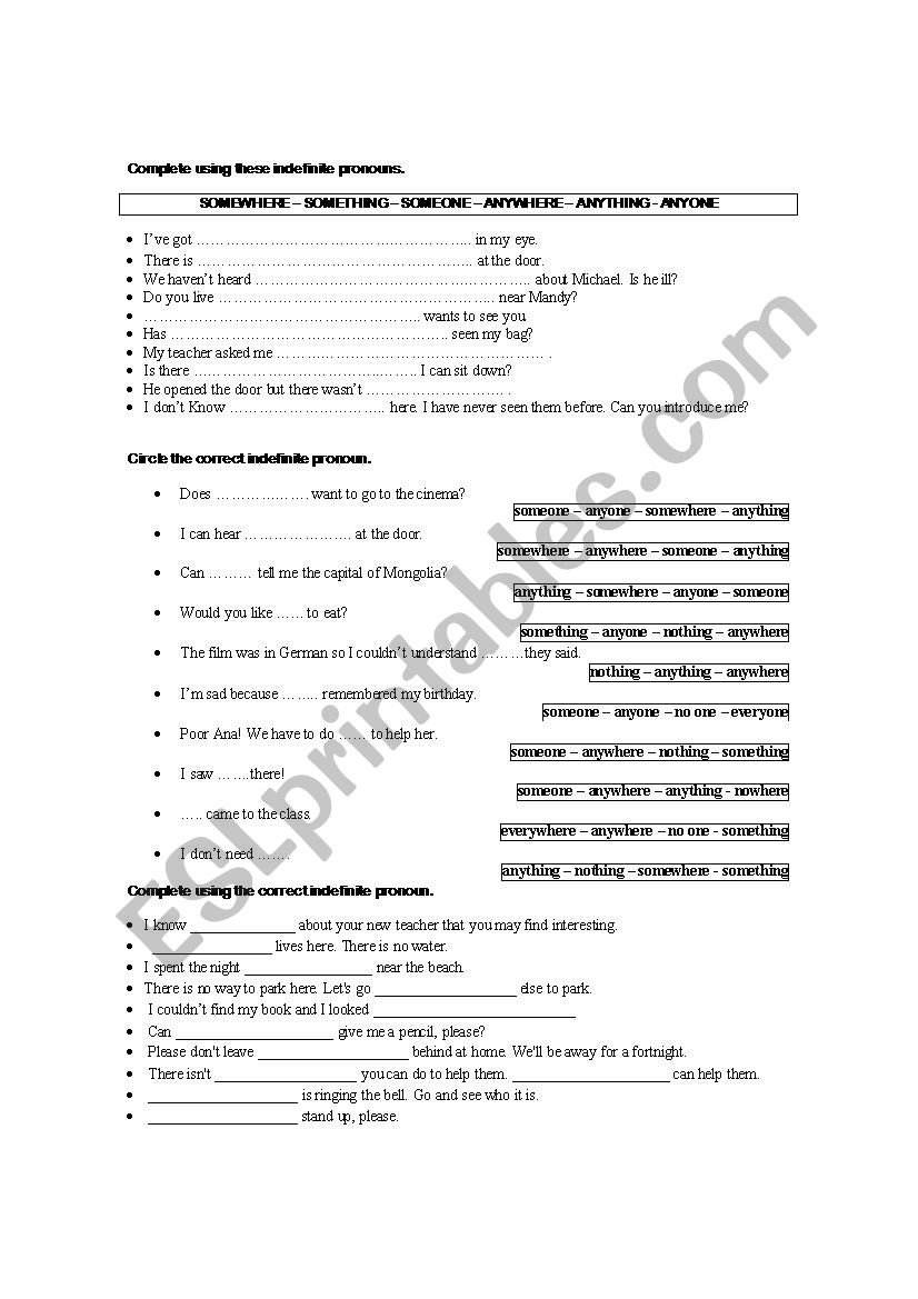 INDEFINITE PRONOUNS worksheet