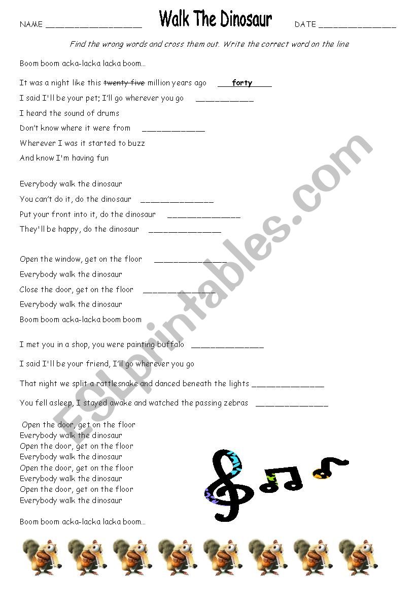 Walk The Dinosaur Song Correct The Mistakes In The Song Esl