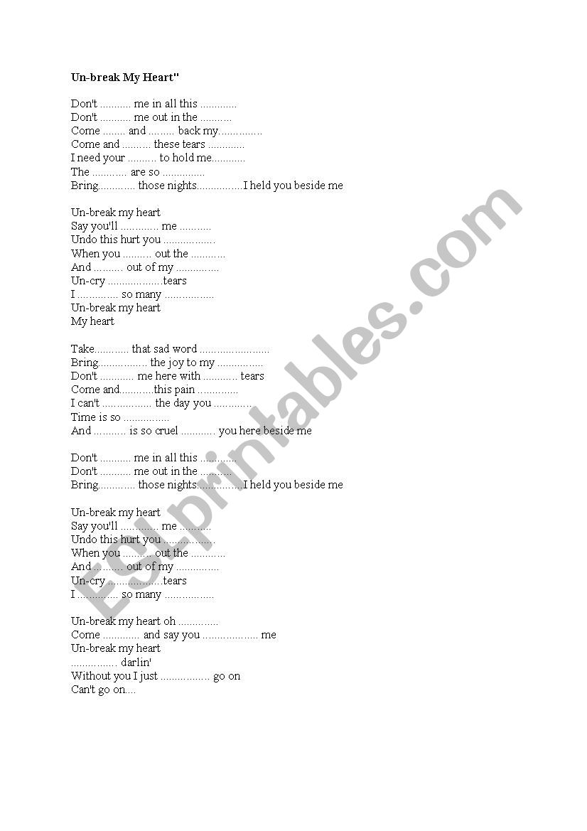 Unbreak my heart worksheet