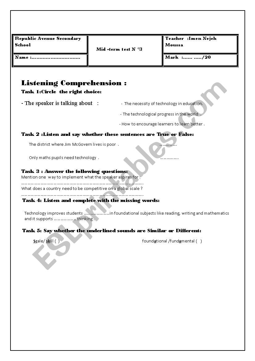 MID TERM TEST 3 FOR THIRD YEAR 