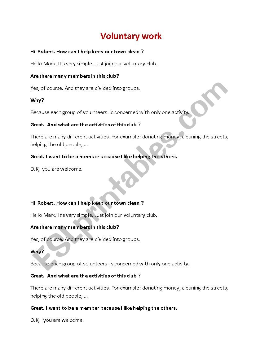 Voluntary work - 9th form worksheet