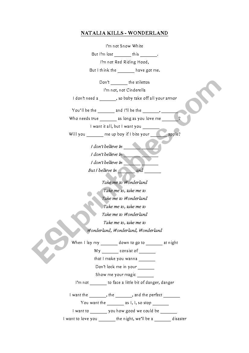 Natalia Kills - Wonderland worksheet