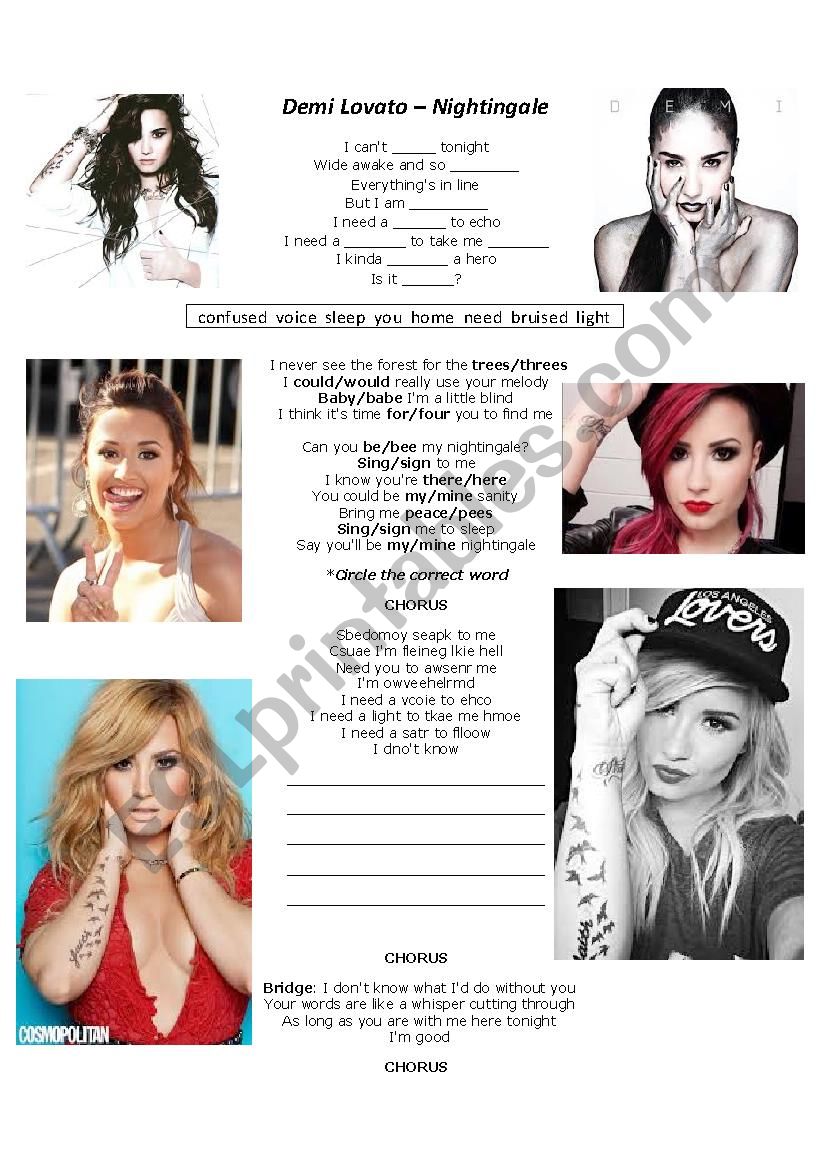 Demi Lovato Nightingale worksheet