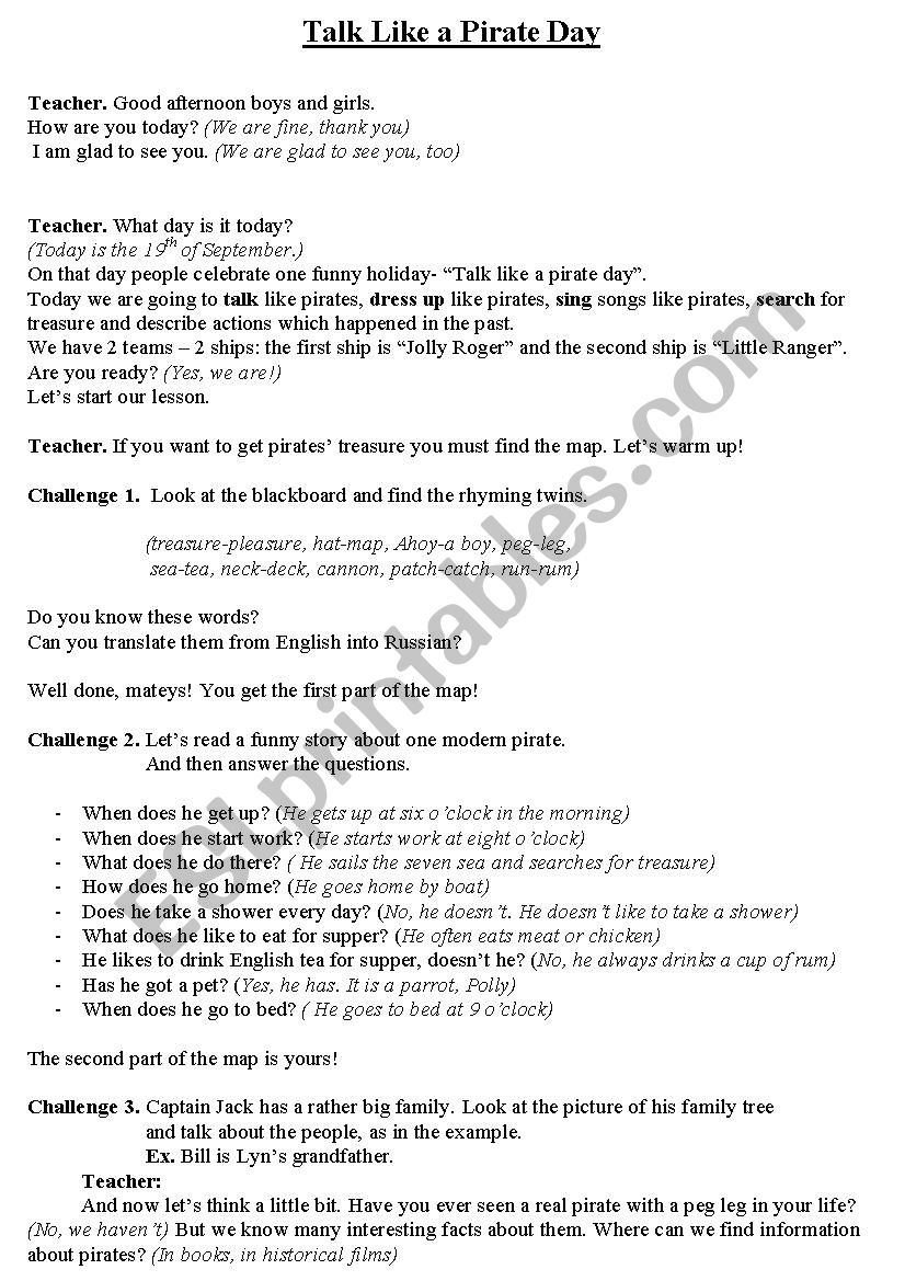 Talk Like A Pirate Day worksheet