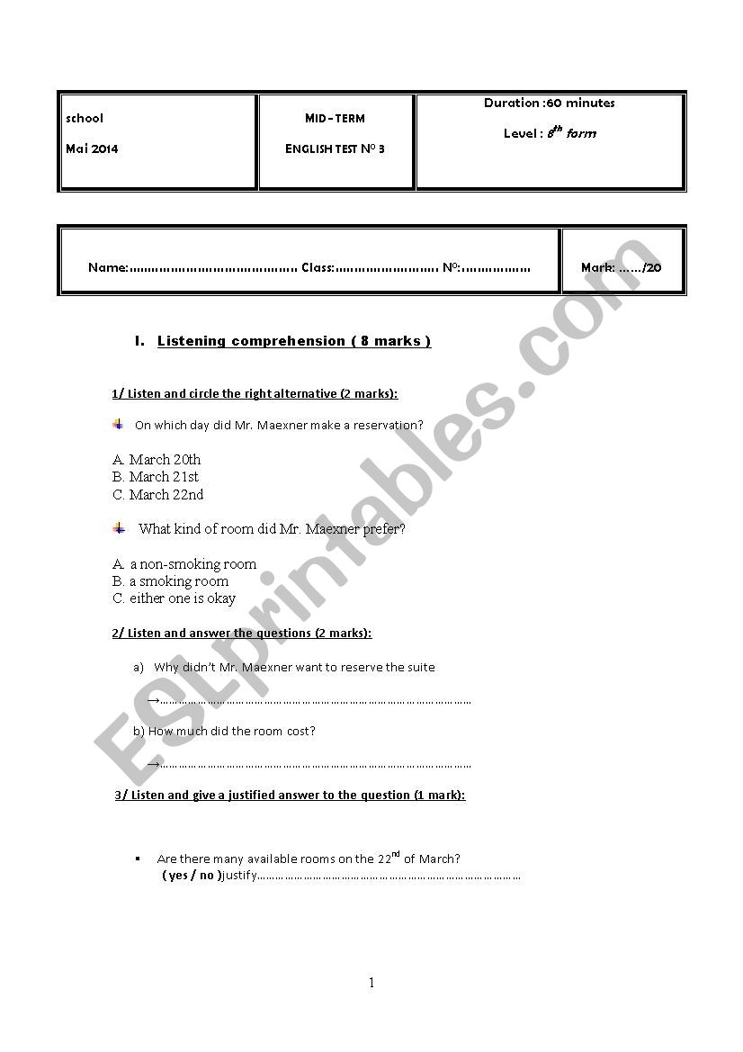 mid term test 3 8th form worksheet