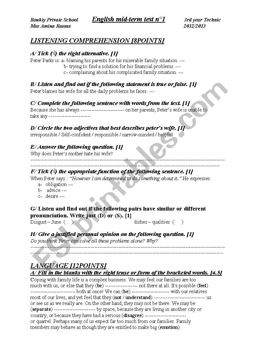 3rd mid term test worksheet