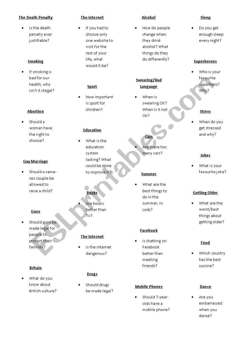 topic cards worksheet