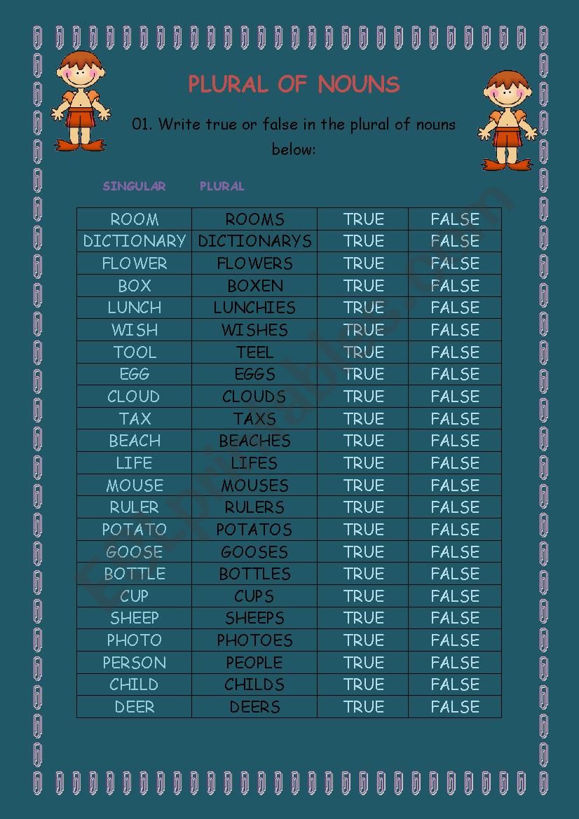 PLURAL OF NOUNS II WITH ANSWER KEY