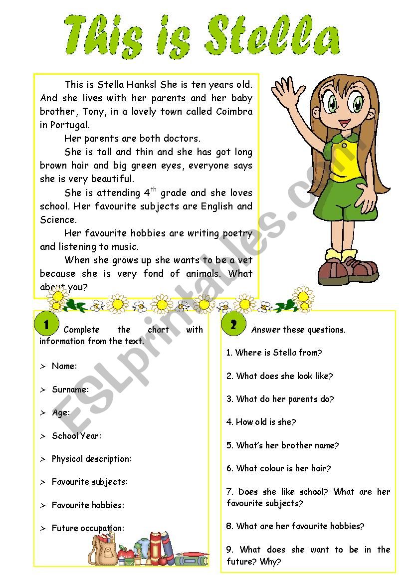 This is Stella- reading worksheet