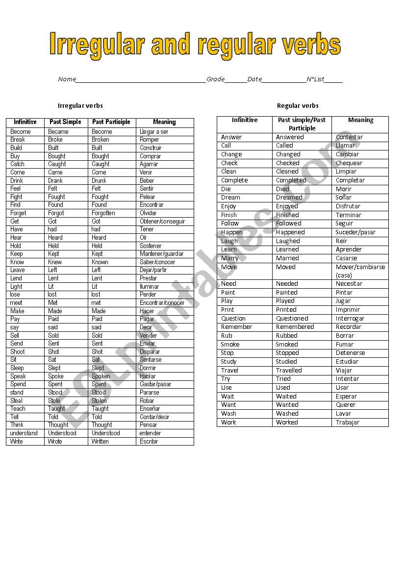 Irregular and regular verbs worksheet
