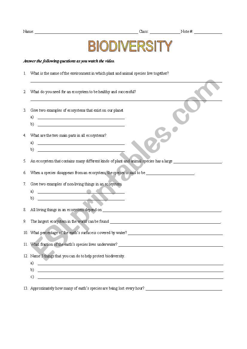 Biodiversity - ESL worksheet by Ms. Pint Throughout Bill Nye Biodiversity Worksheet Answers