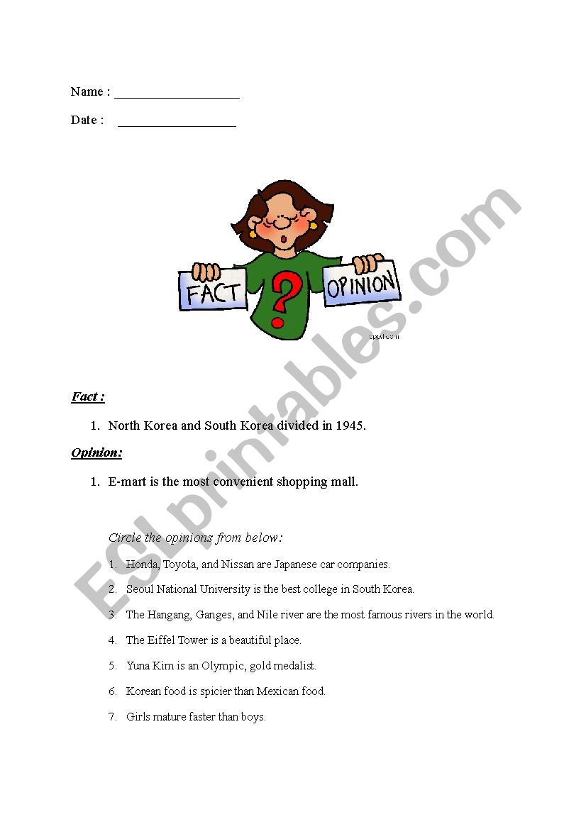Facts and Opinion Work Sheet worksheet