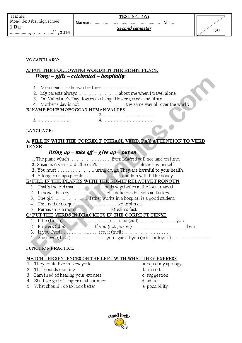  1 bac test worksheet