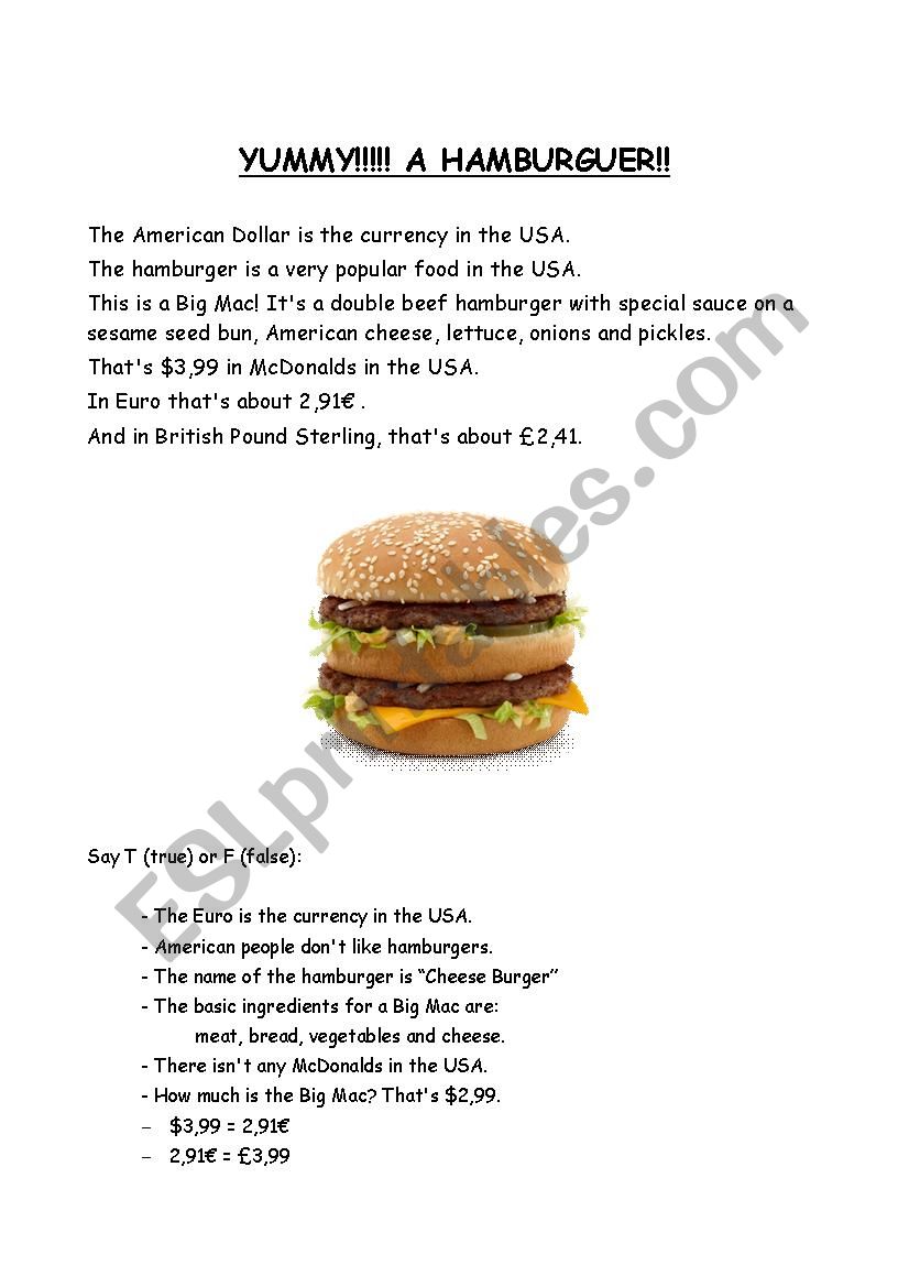 yummy! a hamburguer! worksheet