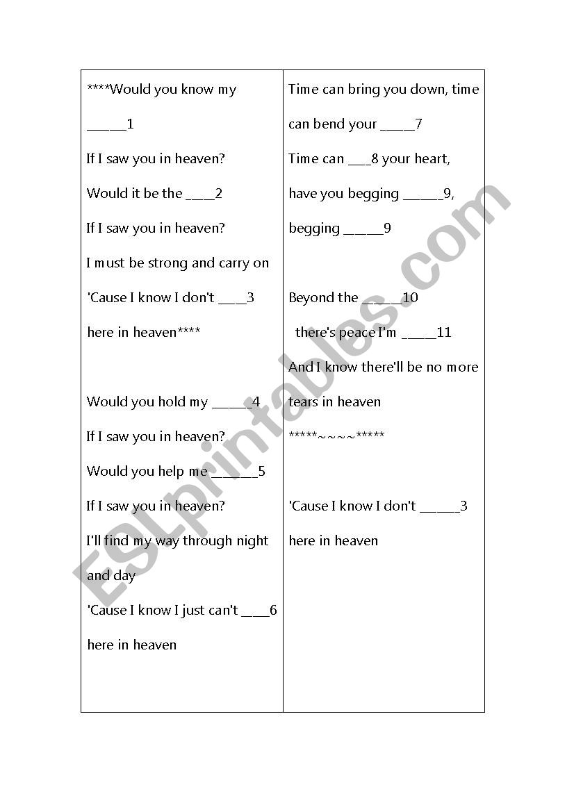 Teas in Heaven Lyrics worksheet