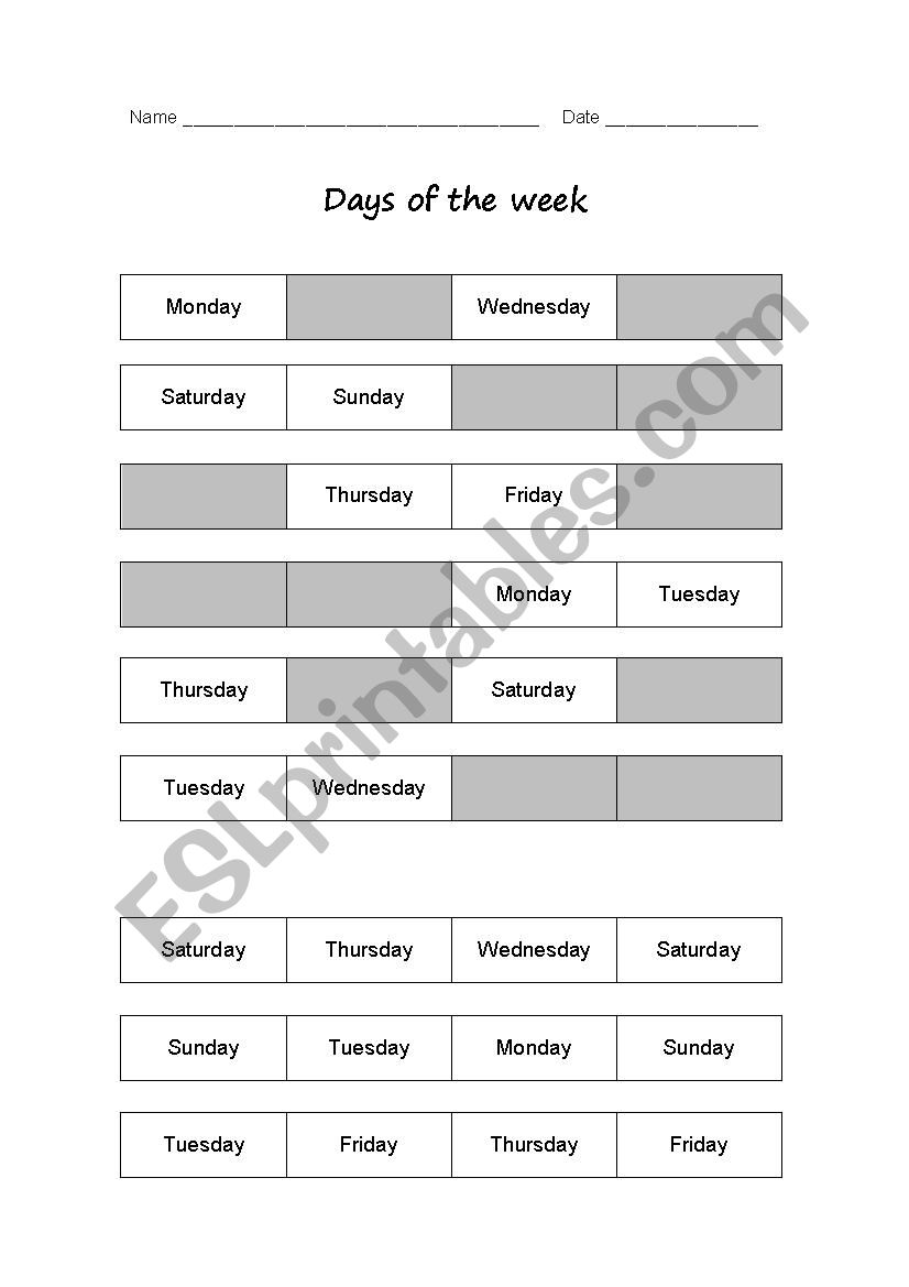 Days of the week worksheet