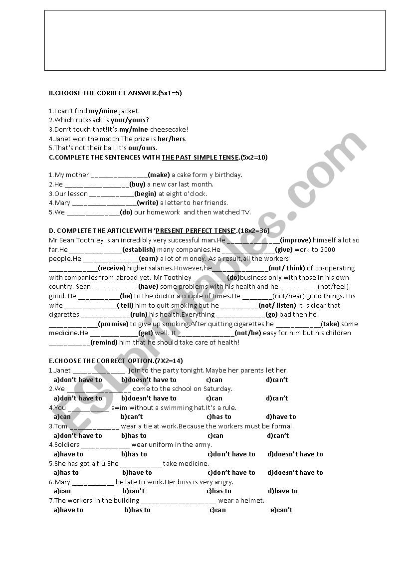 exam worksheet