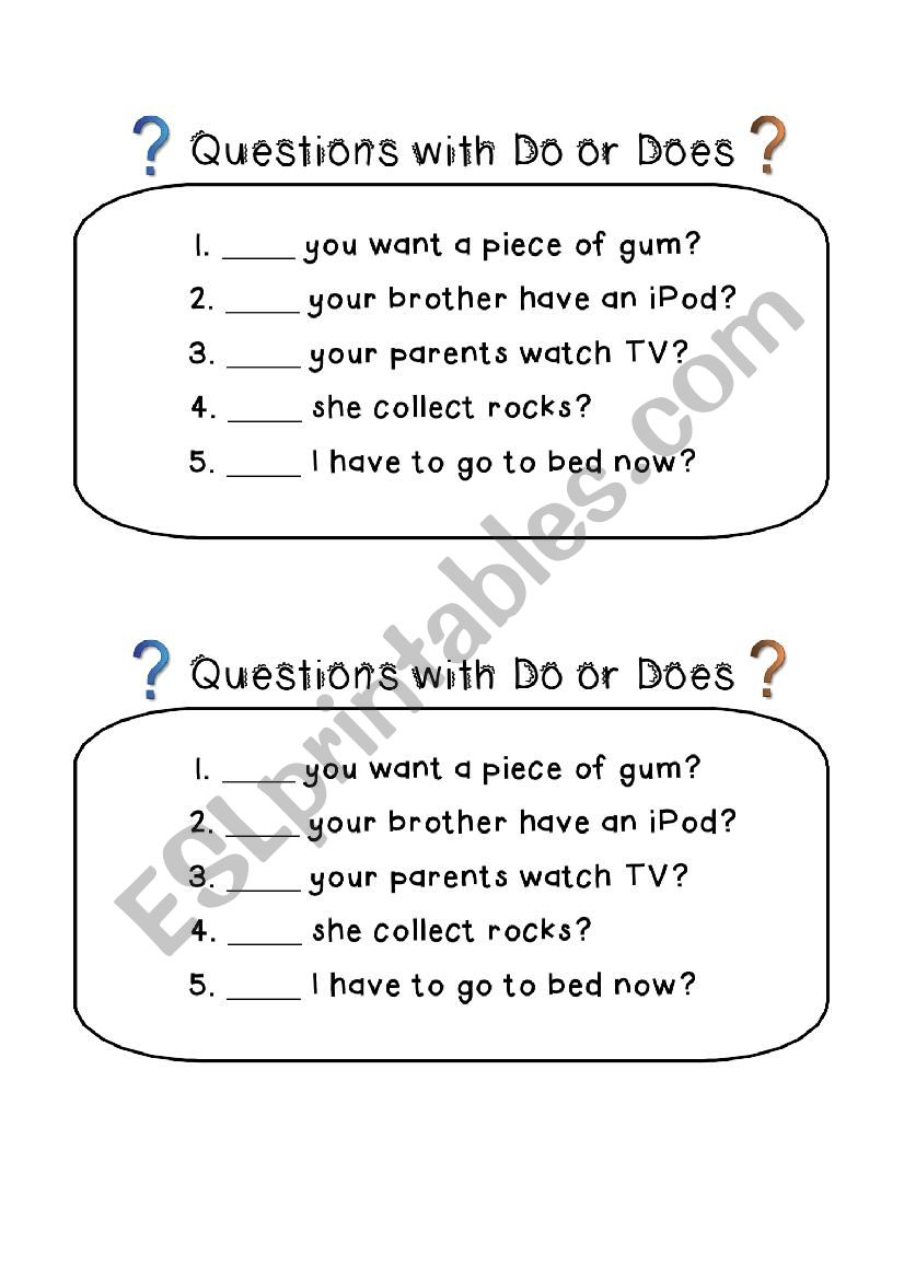 Asking Questions with Do or Does - Exit Slips