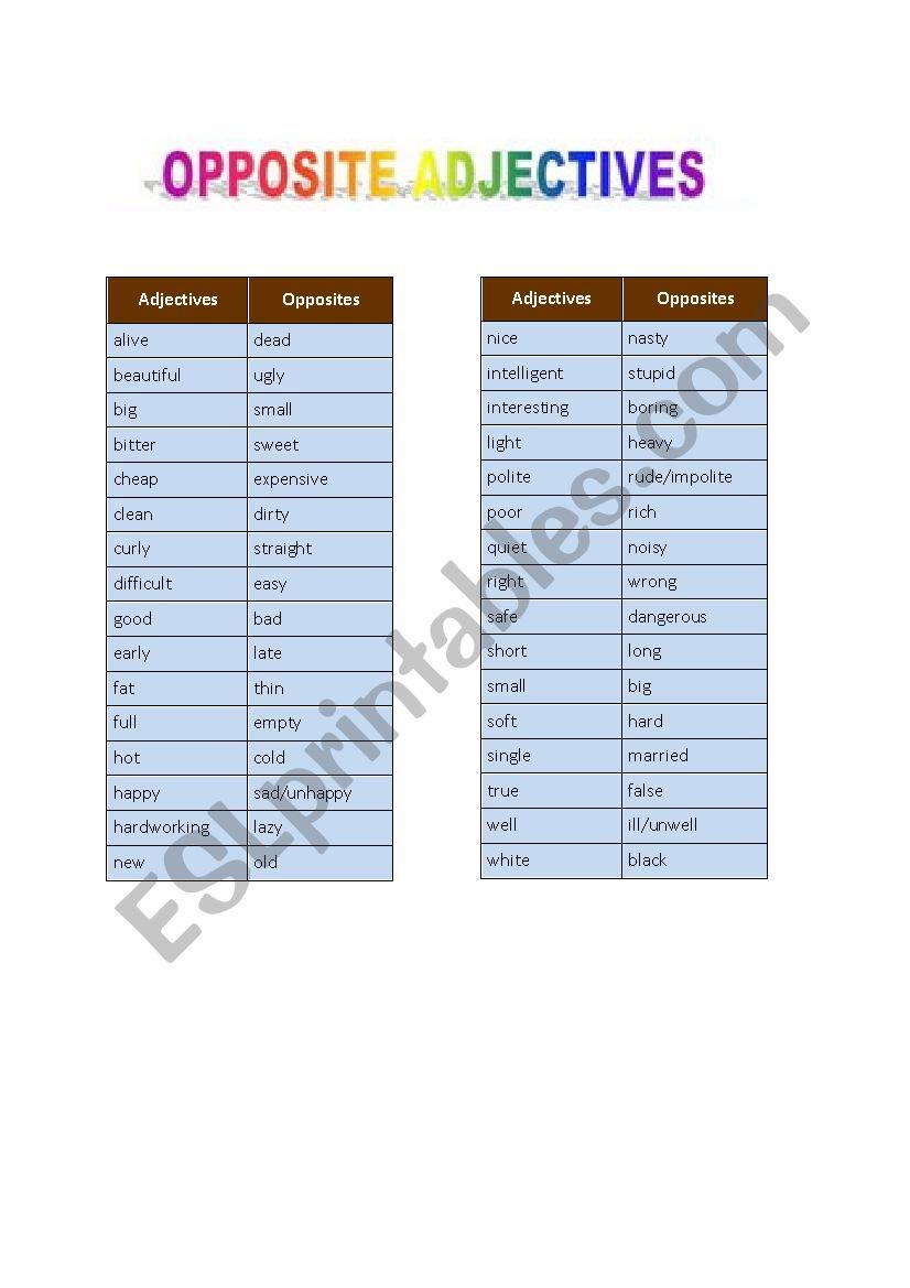 opposites worksheet