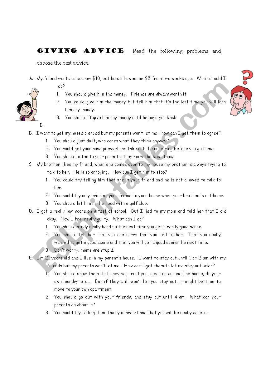 Giving Advice Multiple choice worksheet