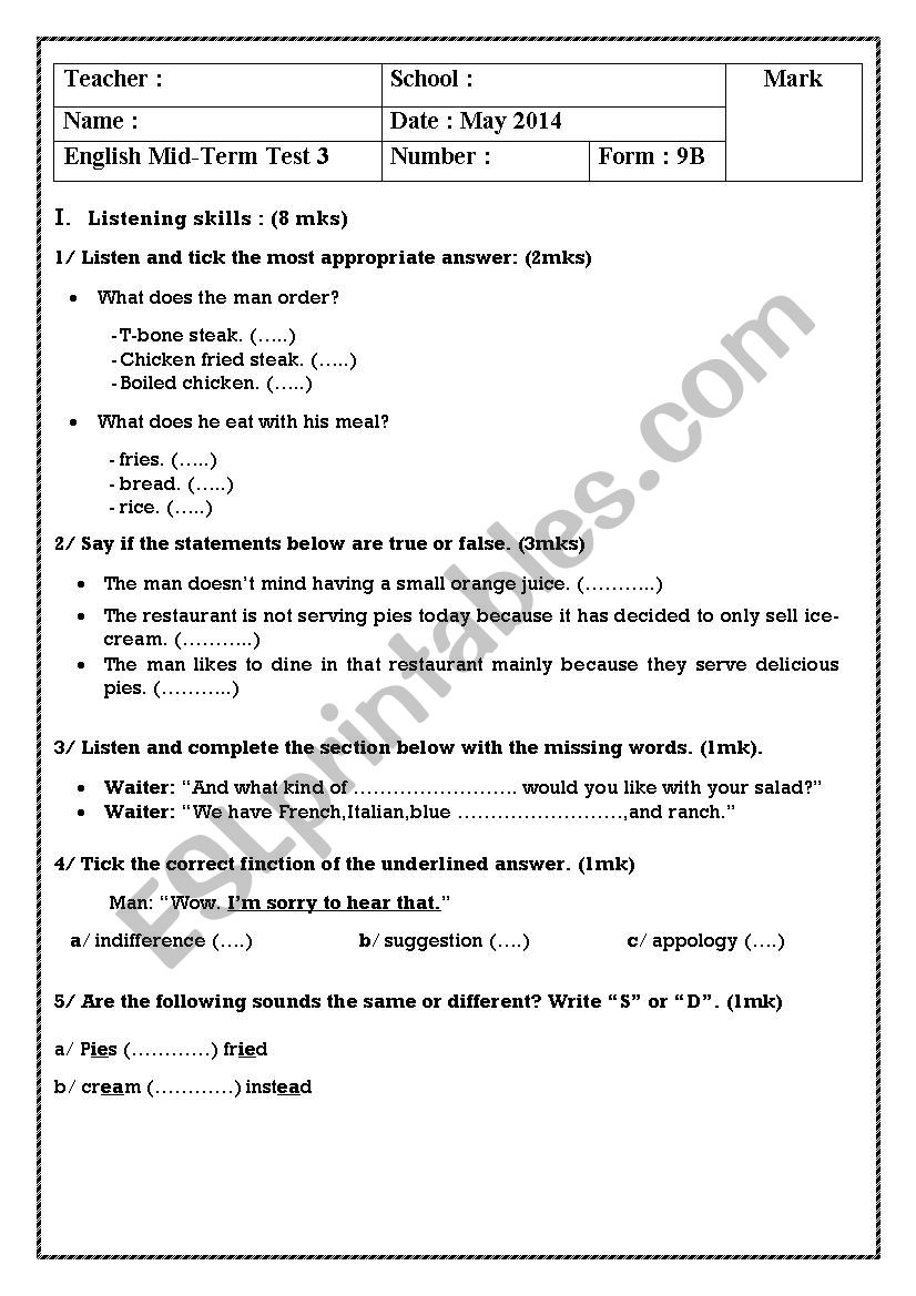 9th form Mid-Term Test n 3 worksheet