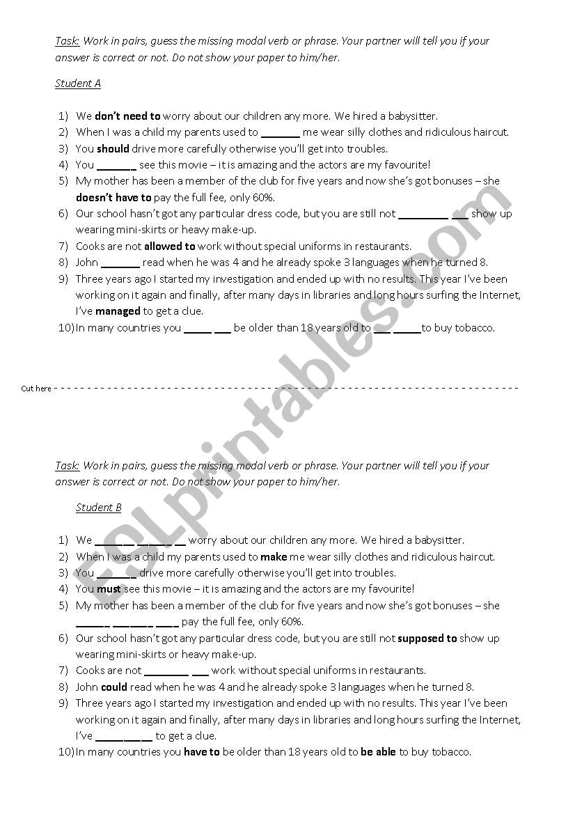 Modal Verbs and Phrases worksheet