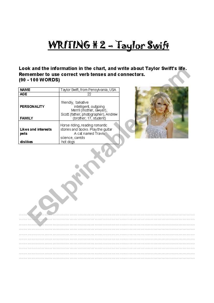 Writing - Taylor Swift  worksheet