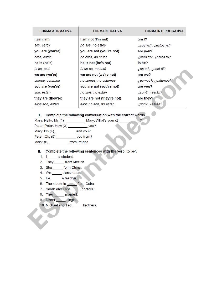 to be verb worksheet