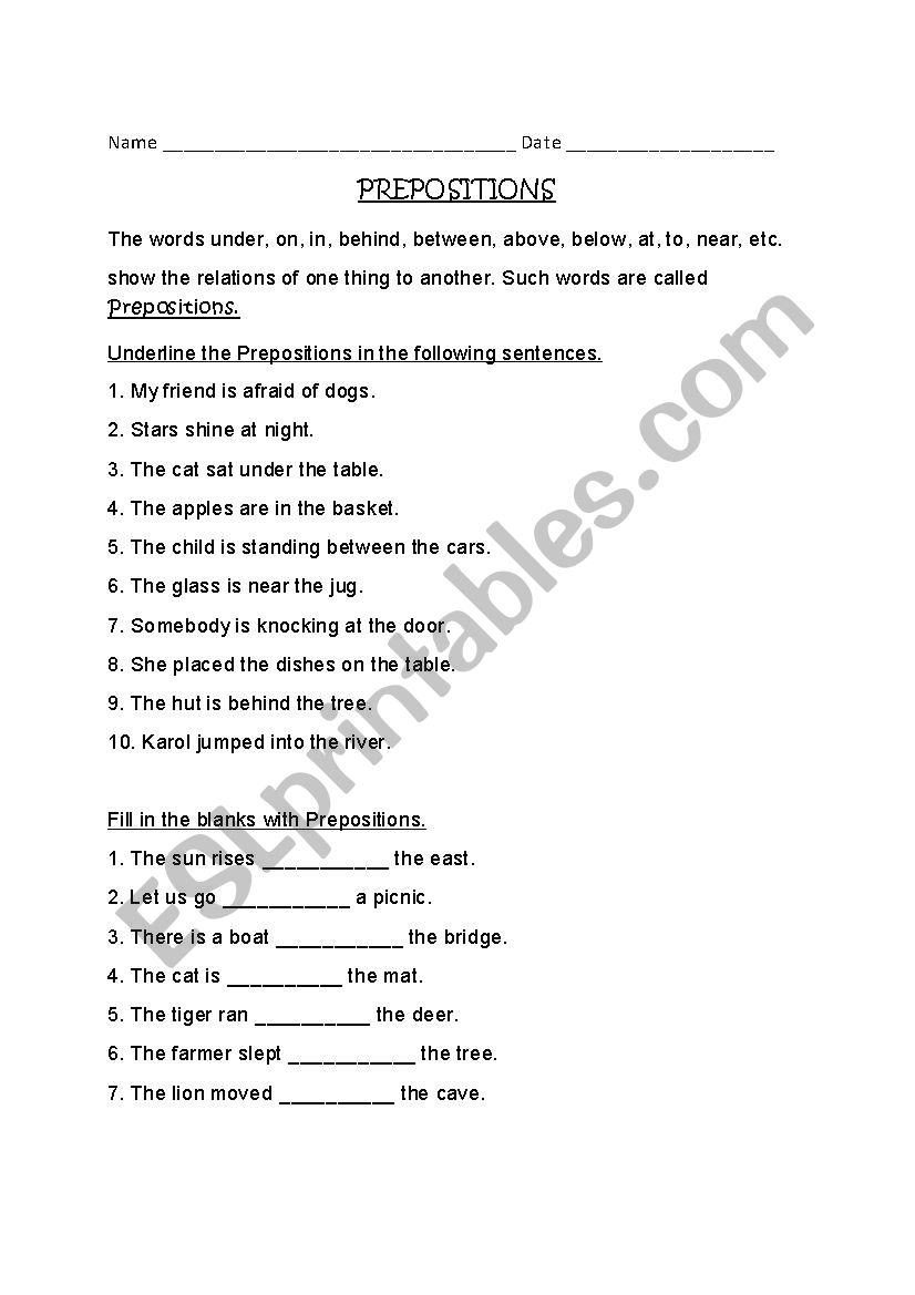 prepositions worksheet