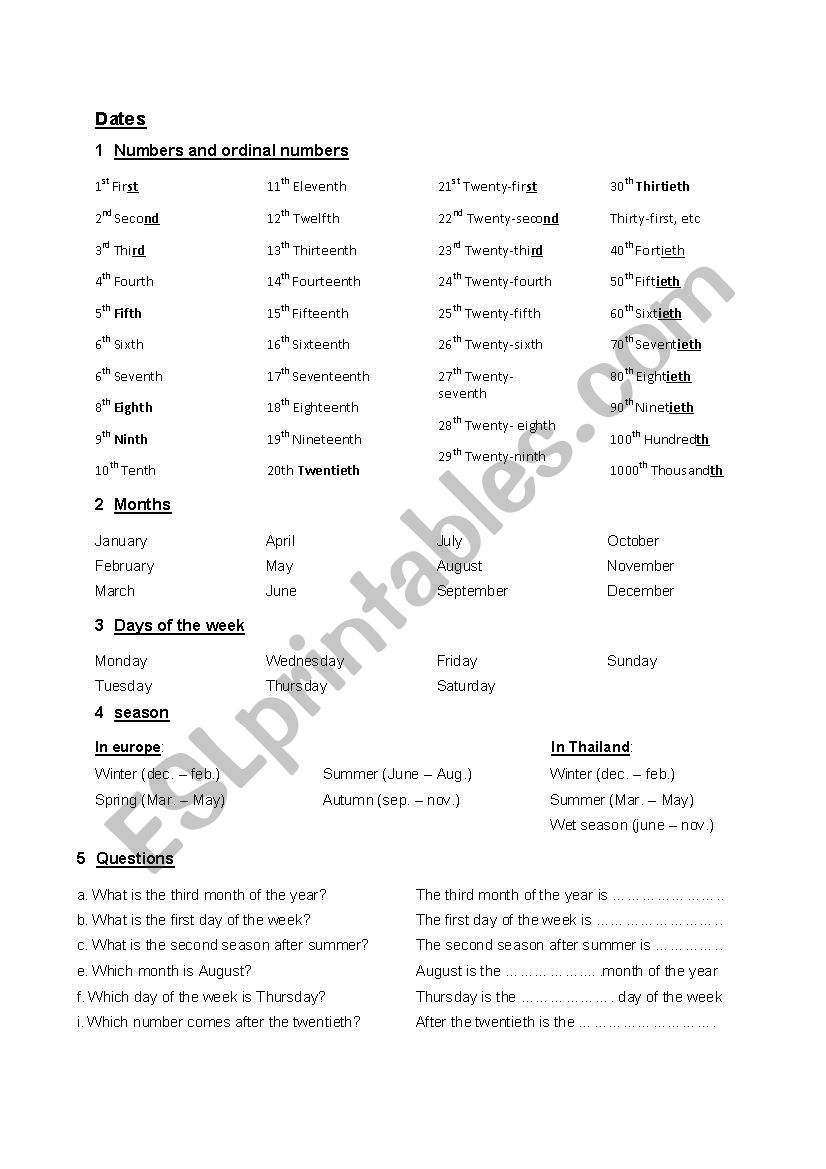 Dates worksheet