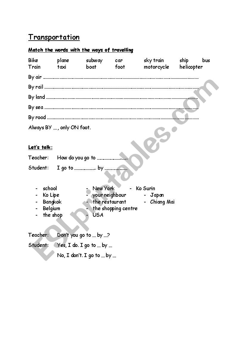 Transportation worksheet