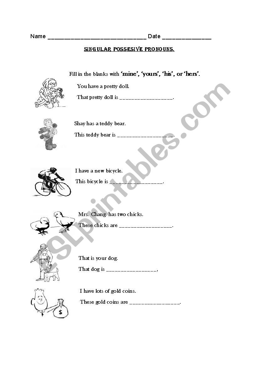 singular possessive pronouns worksheet