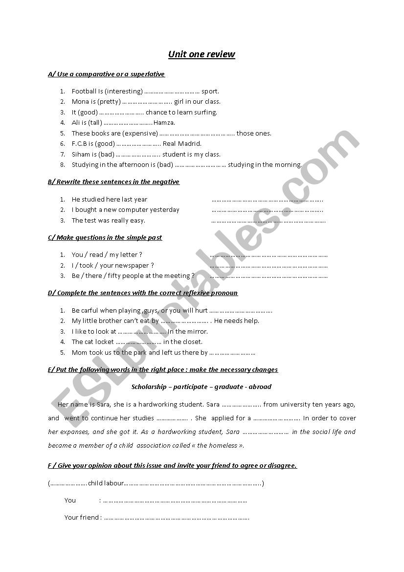 simple past, reflexive pronouns worksheet