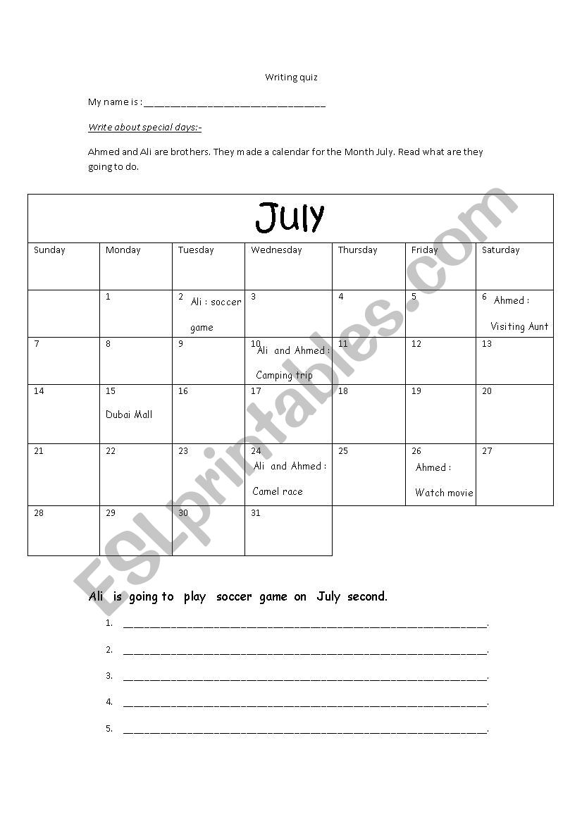 calendar worksheet