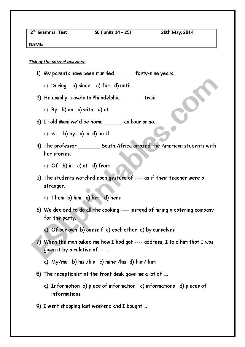Grammar TOEIC preparation worksheet
