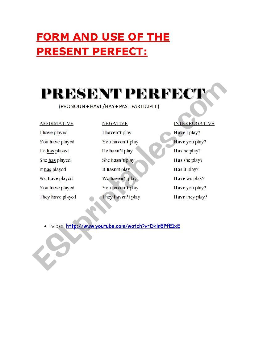 present perfect: form+use+activity