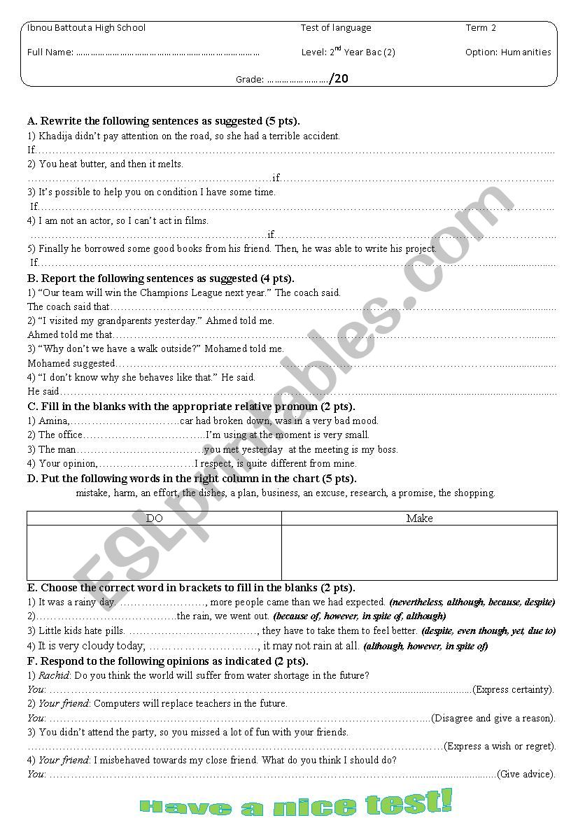 Language Test worksheet