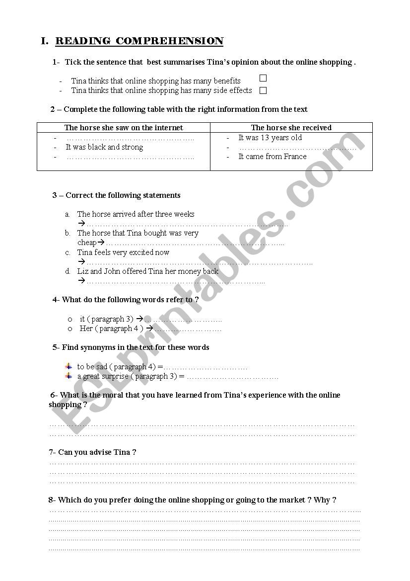 Reading Comprehension:online-shopping - ESL Worksheet By Mansoura - Reading Comprehension:online-shopping - ESL Worksheet By Mansoura