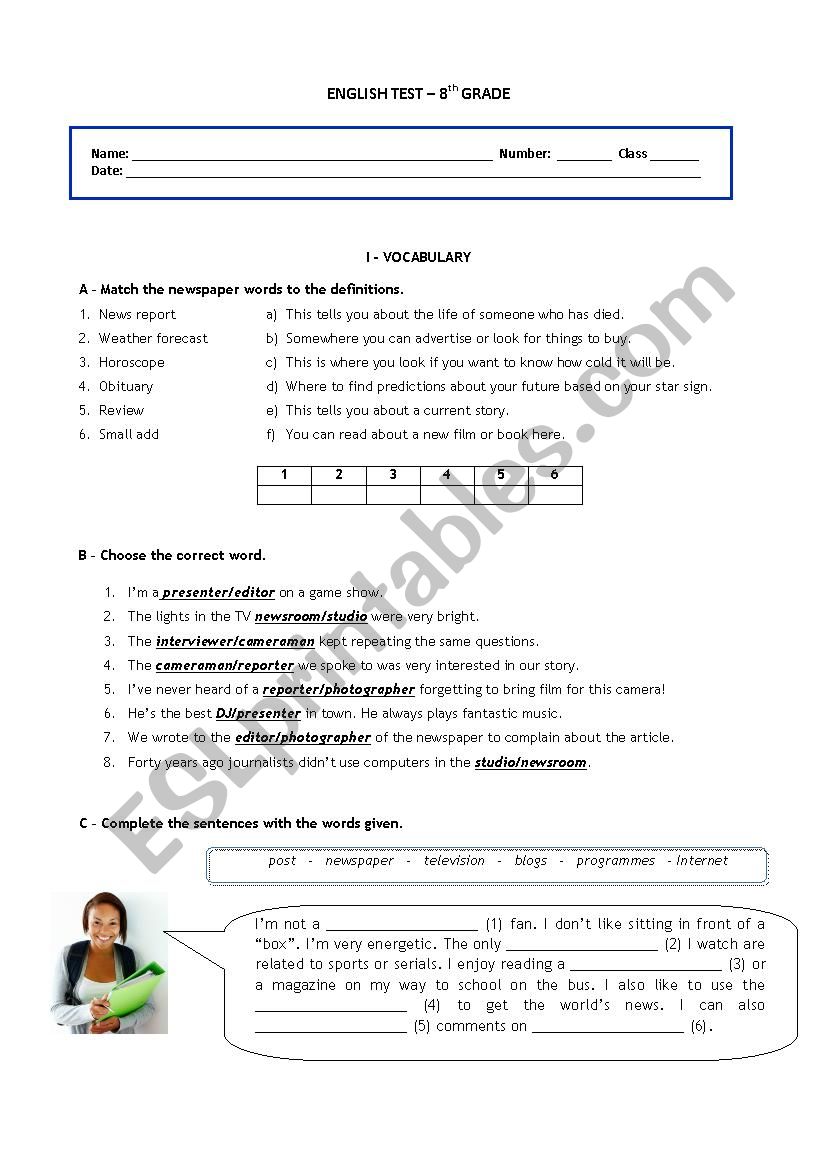 Mass Media - Test worksheet