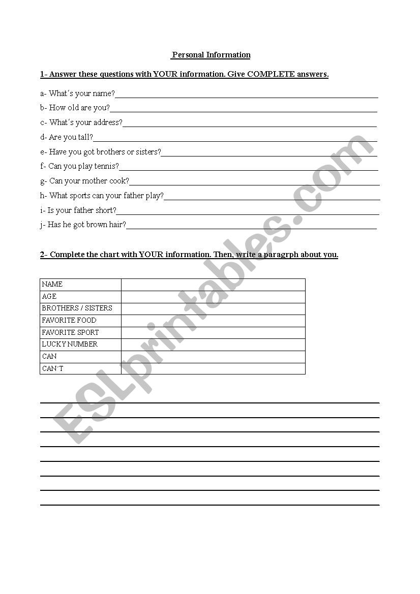 Personal information worksheet