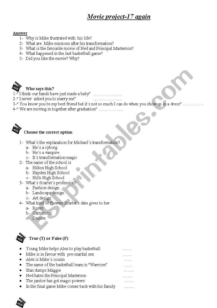 Movie 17 again worksheet