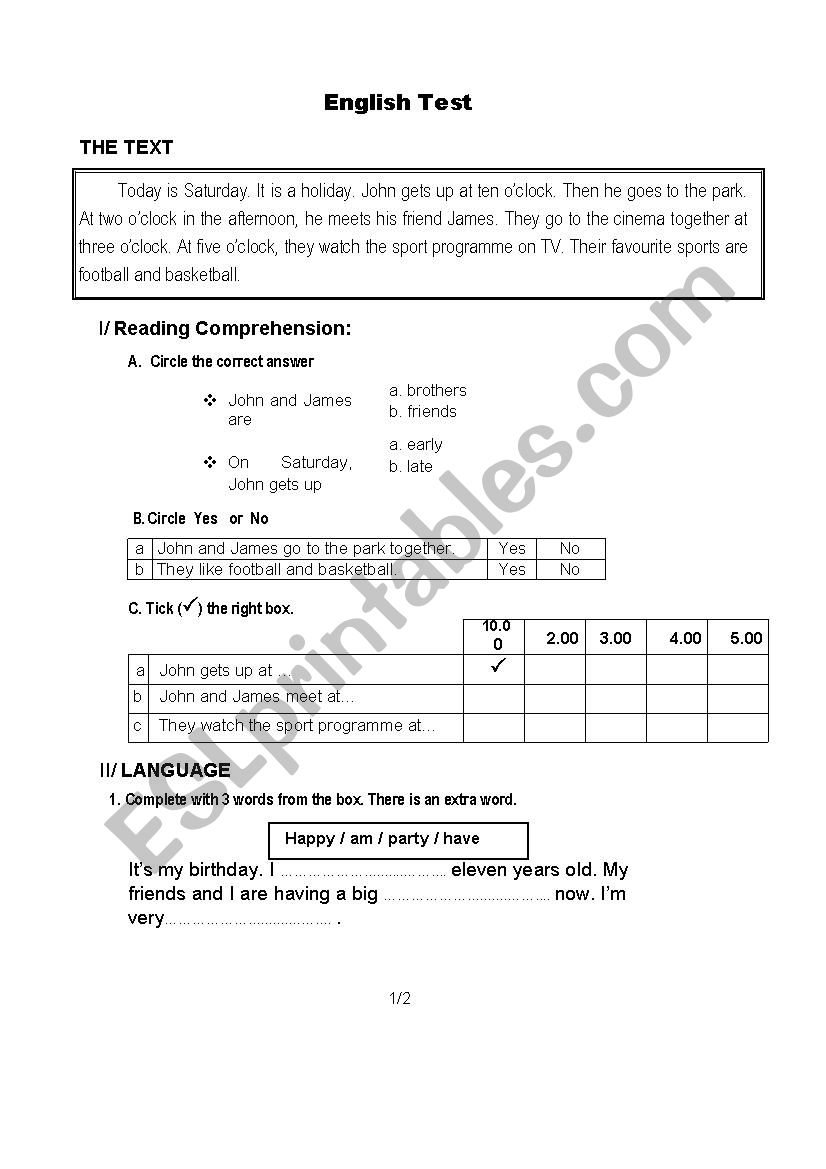 English Test worksheet