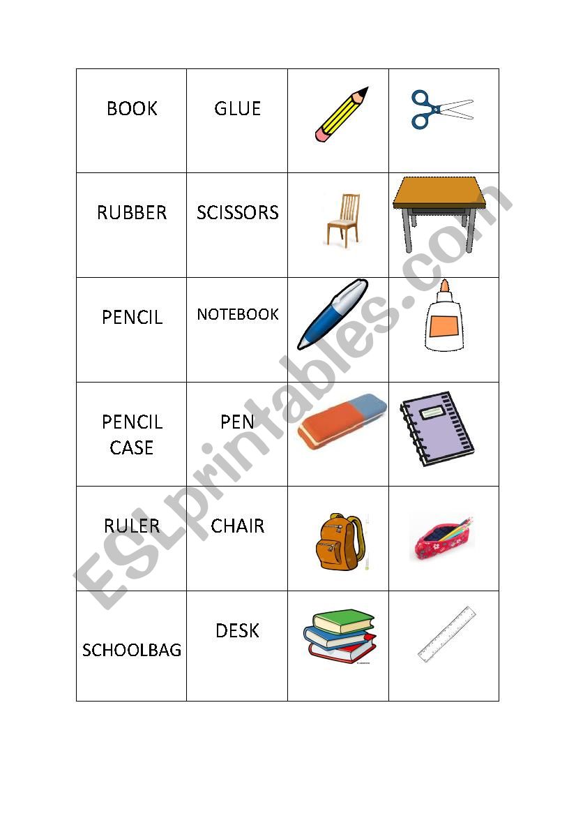 Memory Game School Objects Young Learners