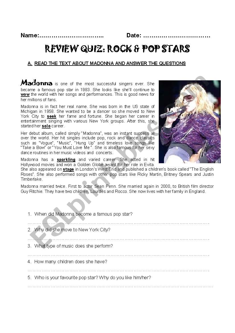 QUIZ: POP STARS worksheet