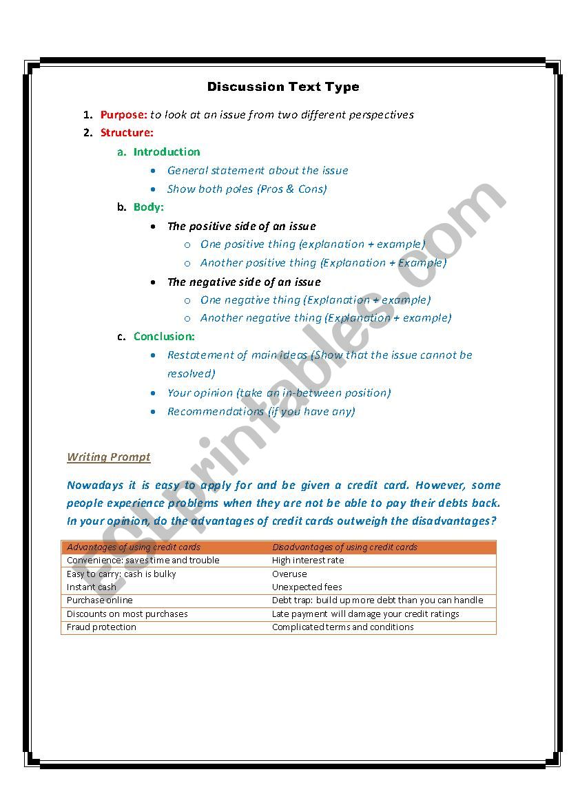 Discussion Text Types worksheet